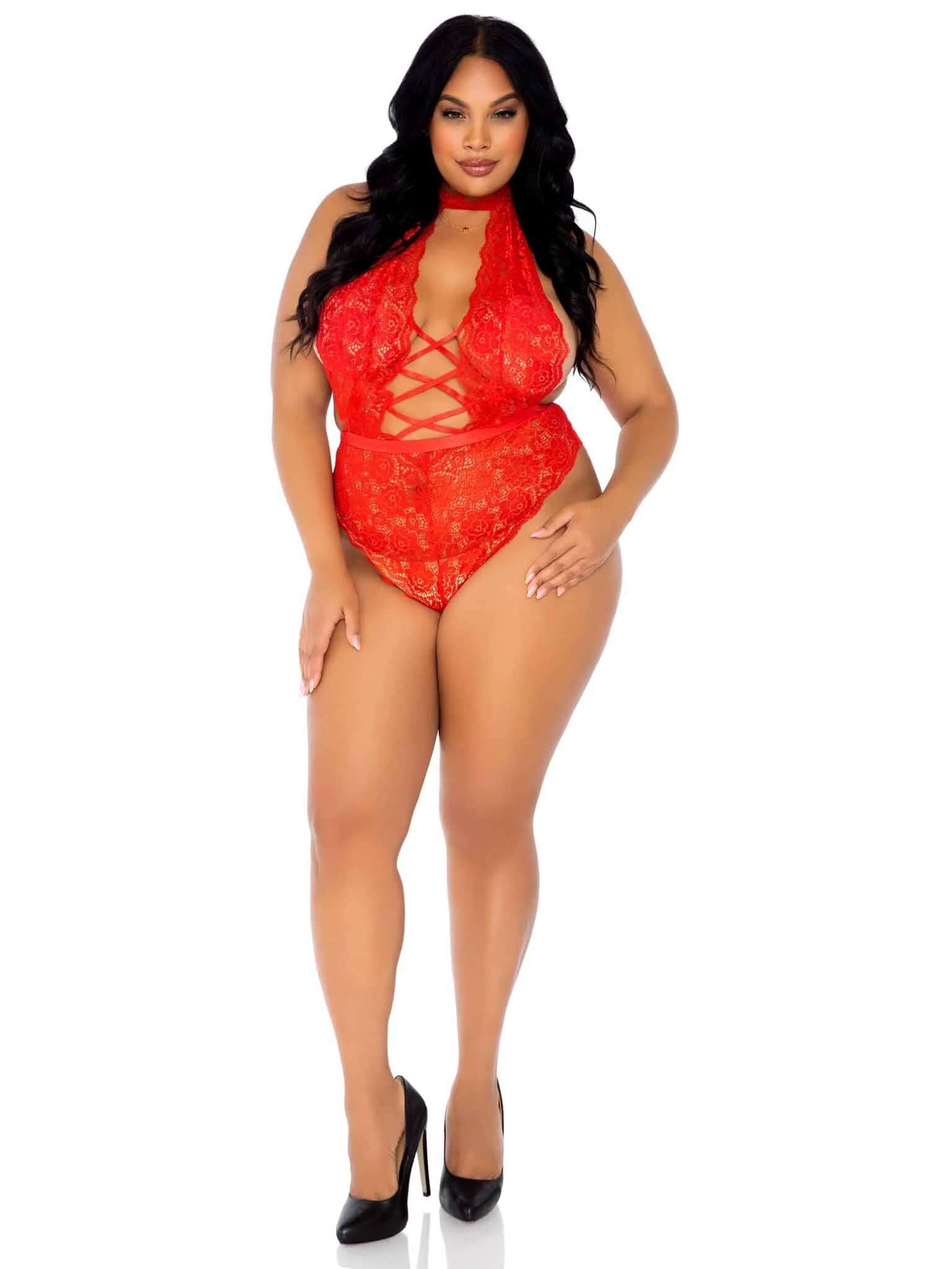 Floral Lace Crotchless Teddy - 1x/2x - Red-1