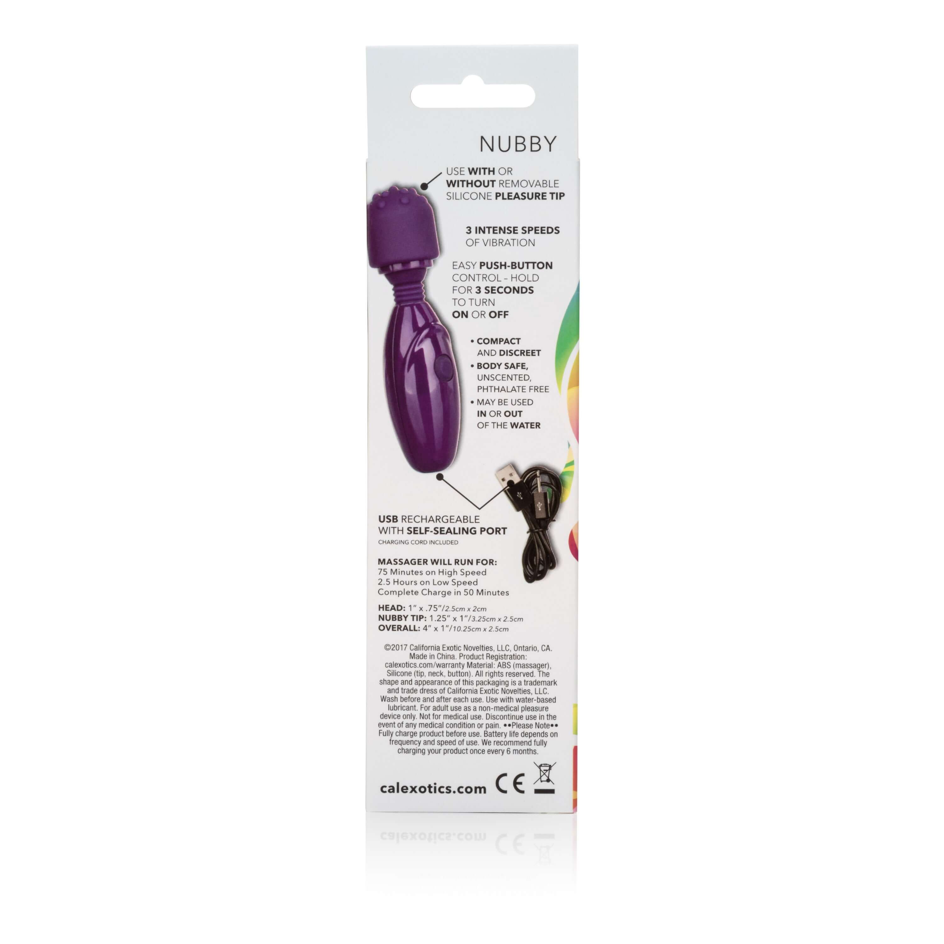 Tiny Teasers Nubby Massager Purple packaging with details on use and features.