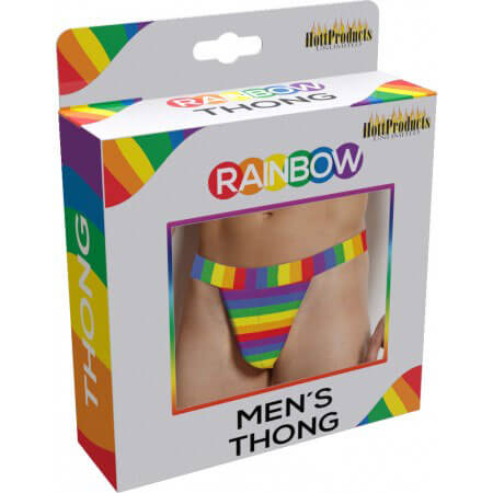 Rainbow Mens Thong packaging featuring vibrant rainbow stripes and a snug, colorful fit for confident style.