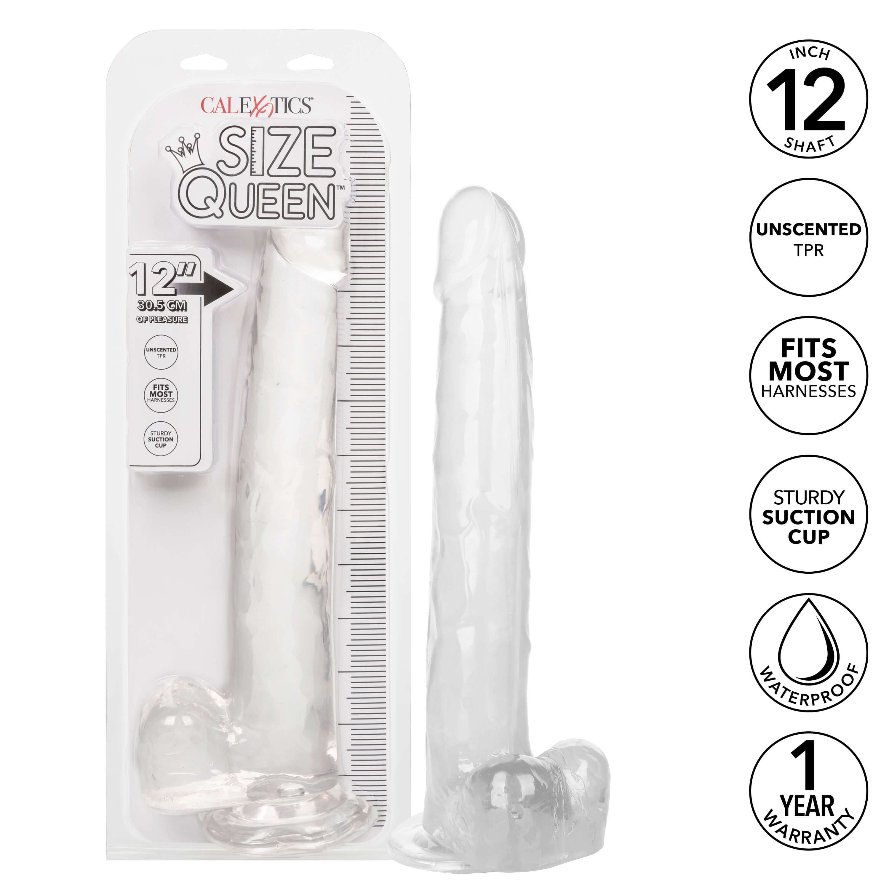 Size Queen 12 Inch Large Dildo Clear in packaging, showcasing its lifelike design and features.