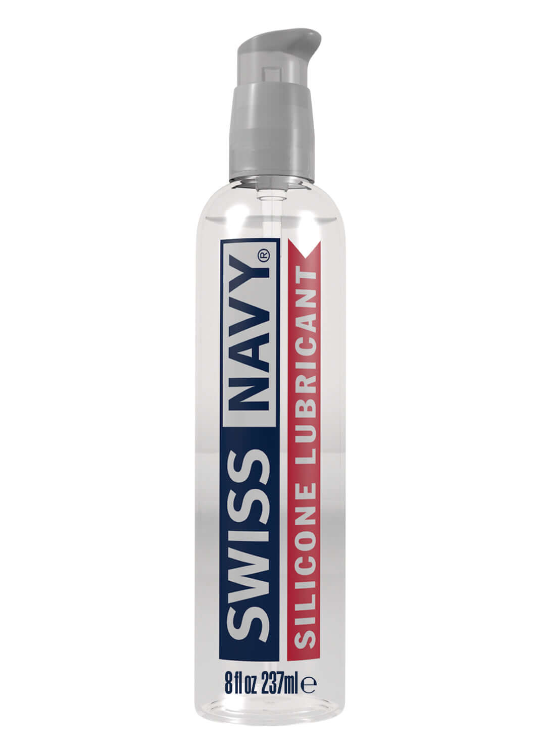 Swiss Navy Silicone Lubricant 8 Oz bottle with a pump dispenser for enhanced sensual responsiveness.