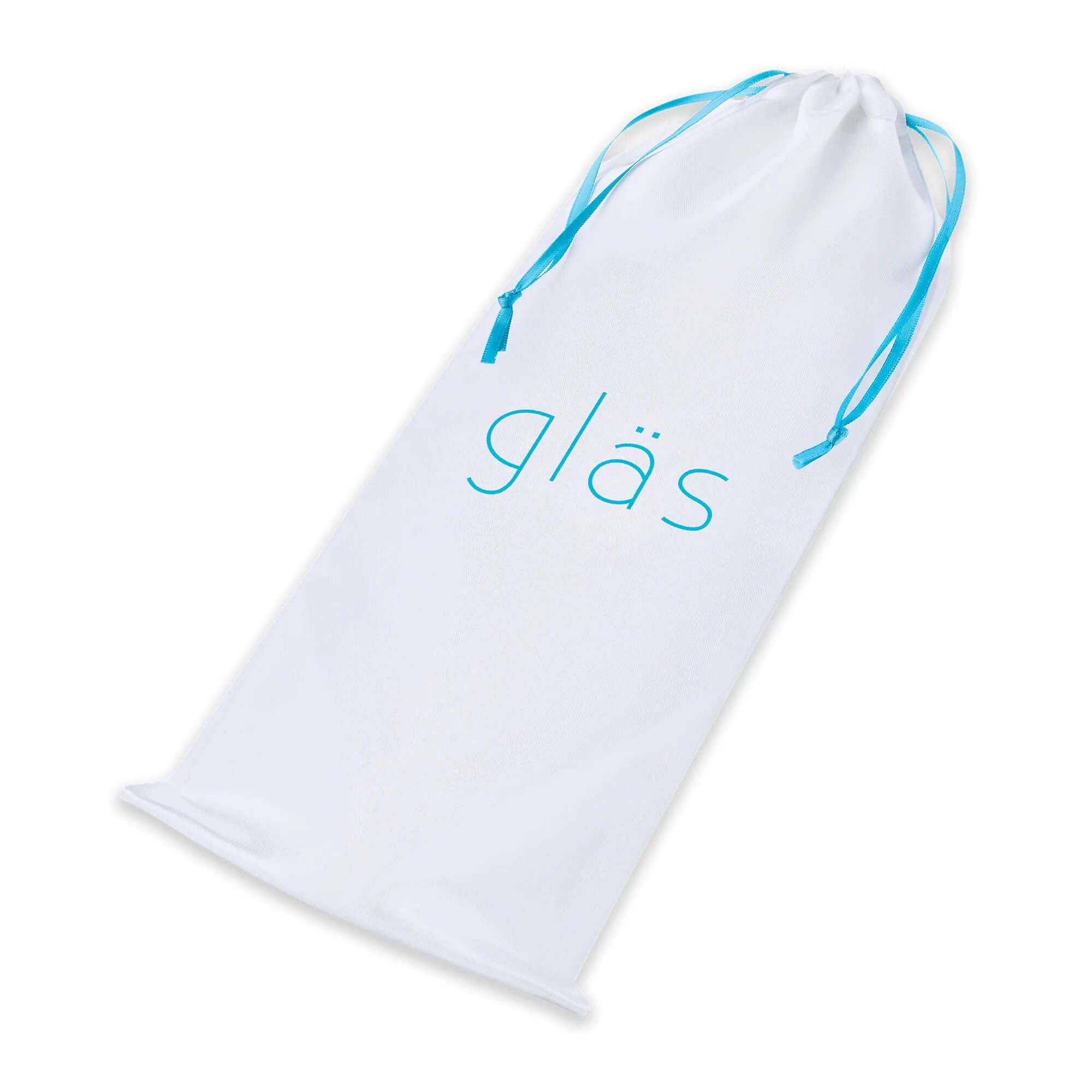 White storage pouch for Glas Naturals Chili Pepper Dildo with blue drawstrings and branding.