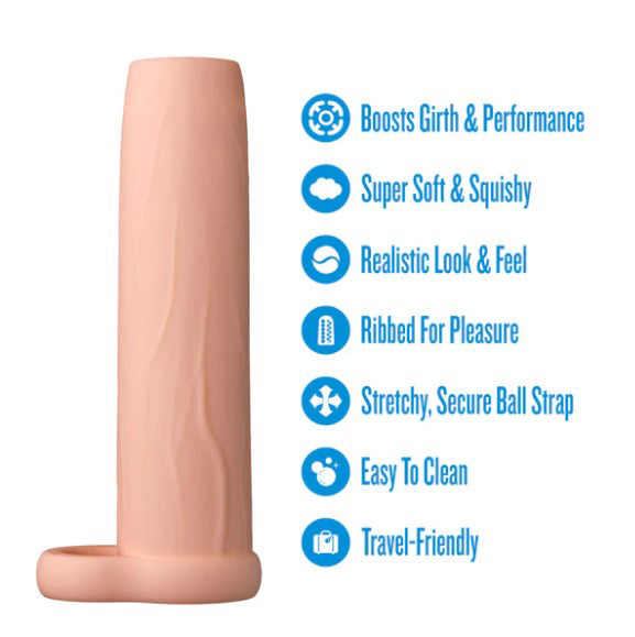 Performance 5.75 Inch Enhancement Penis Sleeve Beige features, including soft texture and ribbed design for pleasure.