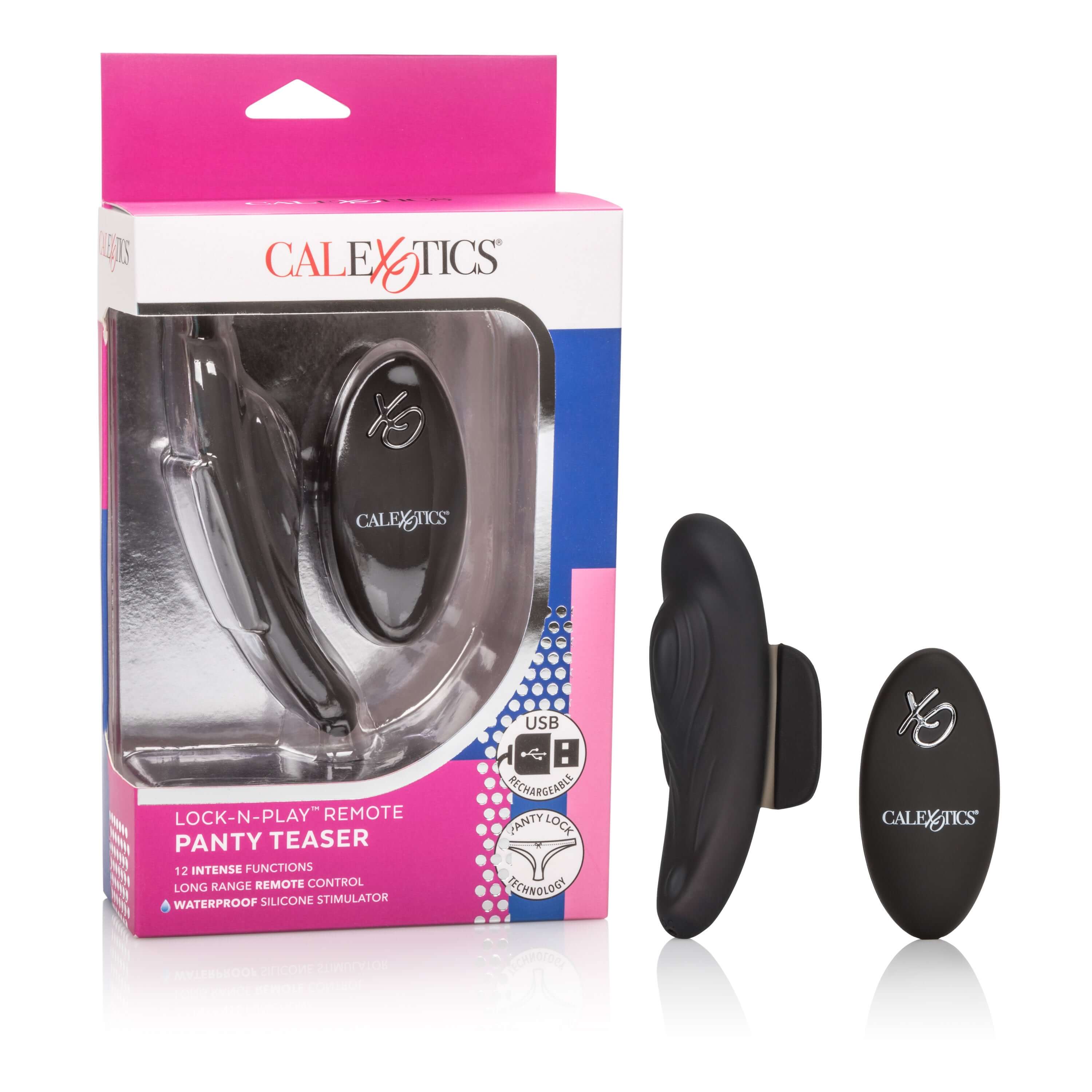 Lock-N-Play Remote Panty Teaser in box with remote control and stimulator, discreet pleasure device for exciting experiences.