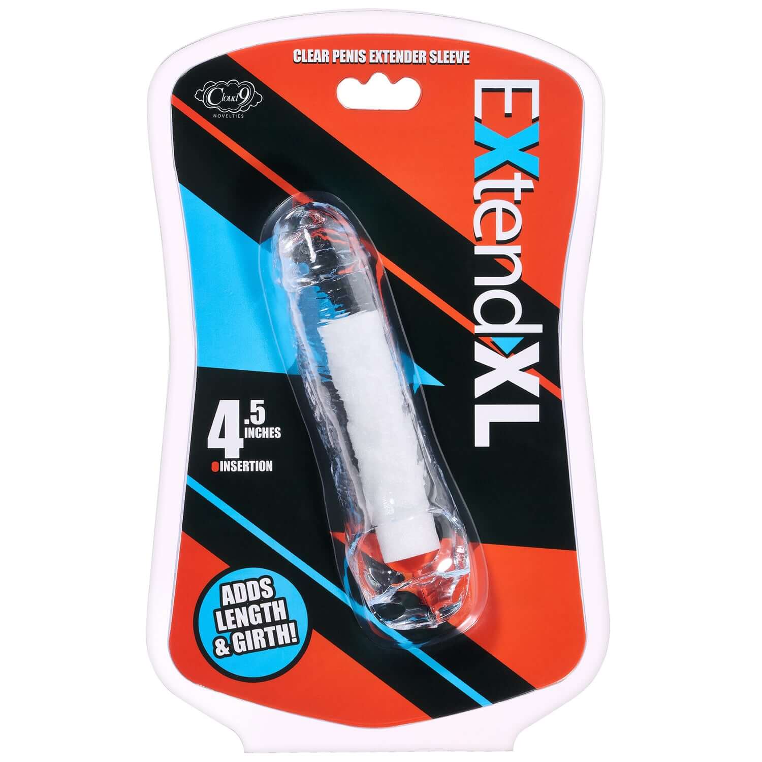 Extend XL Penis Sleeve 4.5 inches Clear packaging showcasing its design to enhance intimacy.