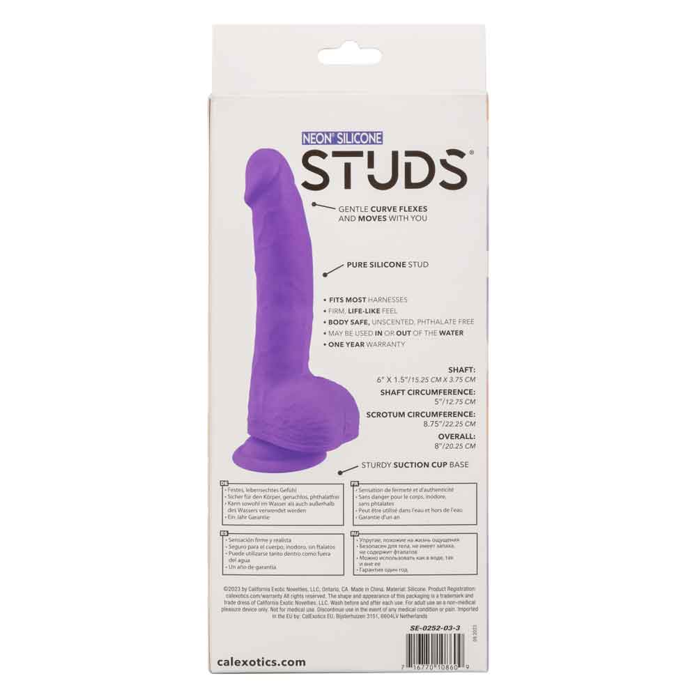 Packaging of Neon Silicone Studs 6 Inch Dildo in Purple, showcasing features and details.