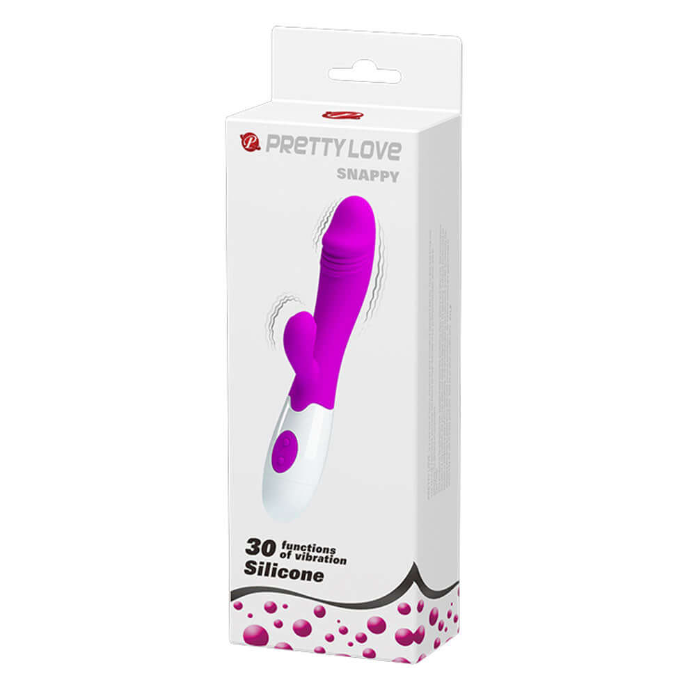 Pretty Love Rabbit Vibrator Snappy in packaging featuring 30 functions of vibration and a silicone design.
