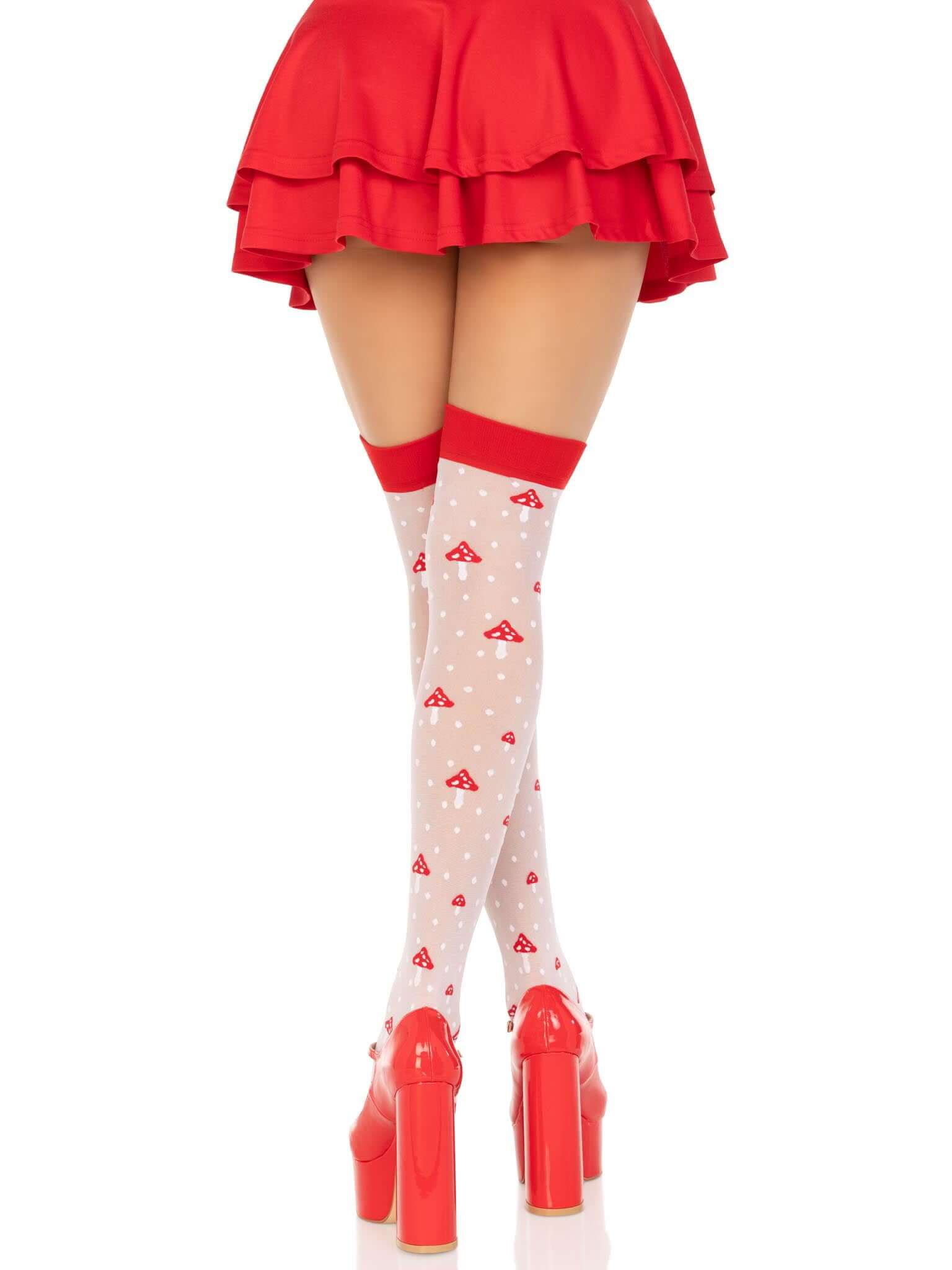 Polka Dot Mushroom Thigh High - One Size - White/red, featuring spandex sheer material, perfect for sizes 90-160lbs, hand wash cold, drip dry.