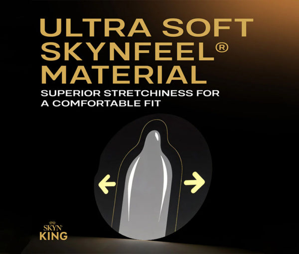Ultra Soft Skynfeel Material for comfortable fit and superior stretchiness in Skyn King Ultra Thin and Extra Glide Condoms 10 Pack.