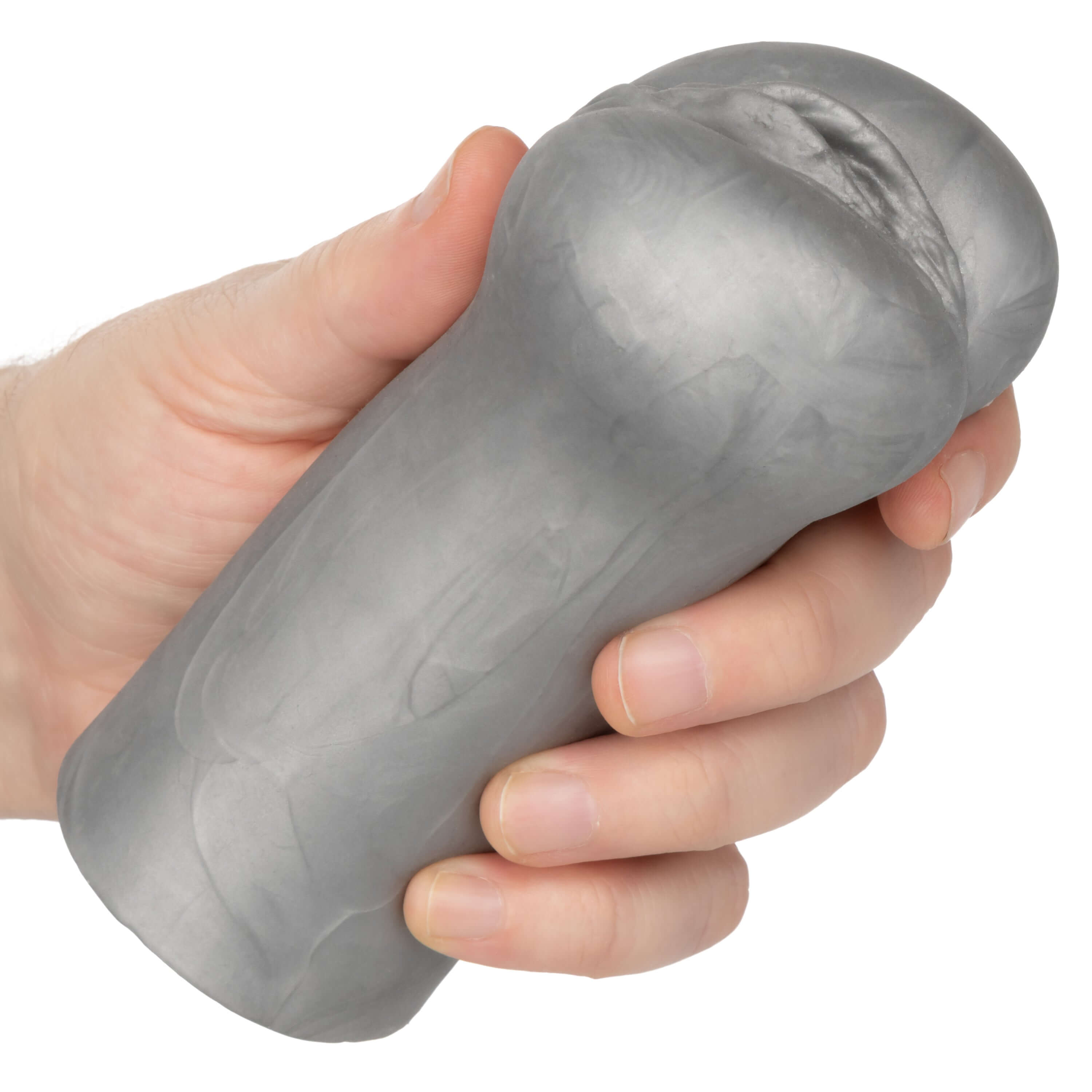 Hand holding the Cheap Thrills Robot Lover masturbator in silver, showcasing its realistic design and texture.