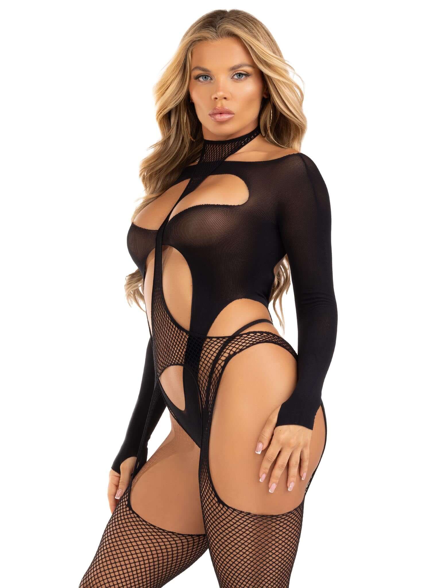 2 Pc Fishnet Suspender Lingerie Jumpsuit and Layered Opaque Teddy O/s - Black-5