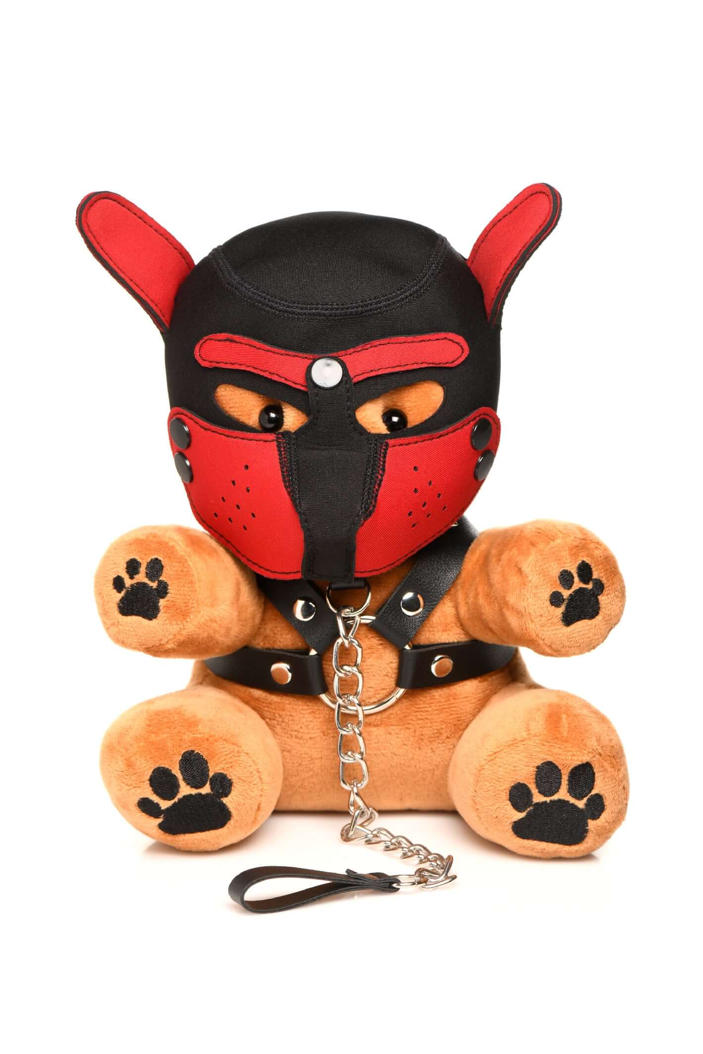 Bondage Pup Bear with light peach fur wearing a puppy mask and faux leather harness with metal O-rings.