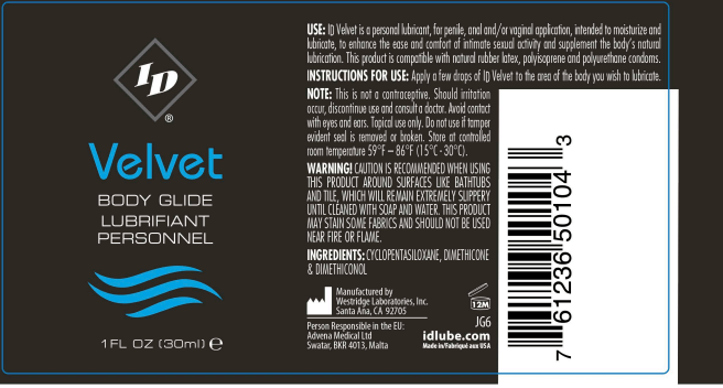 ID Velvet Body Glide Lubricant 1 Oz label featuring instructions and ingredient details on a sleek package.