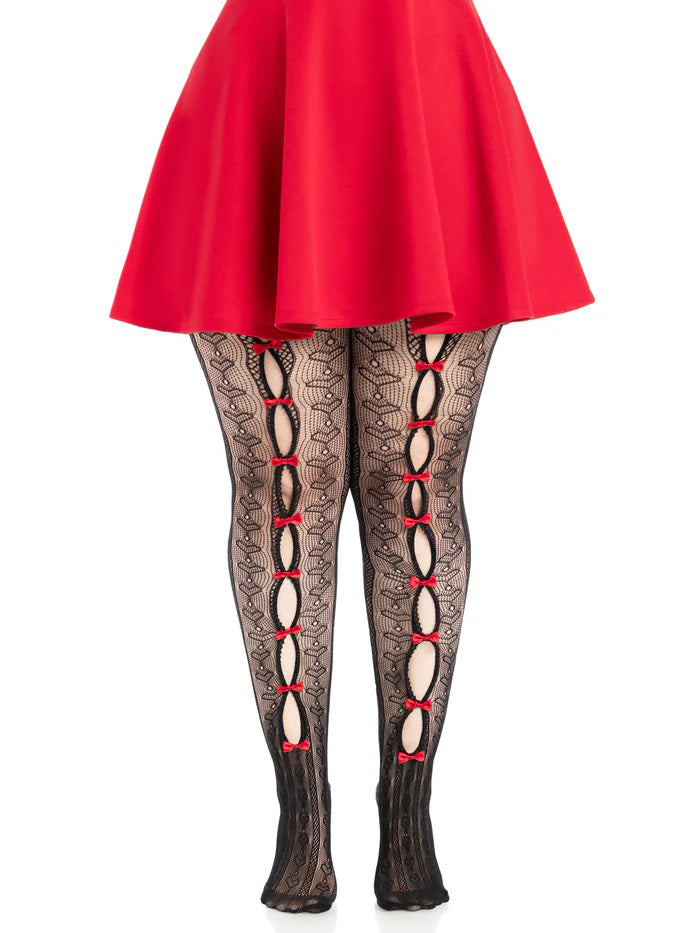Leg Avenue Plus Size Sweetheart Striped Tights Black Red worn under a red skirt, featuring unique striped design.