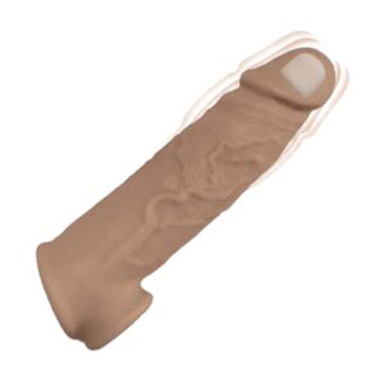 Natural Realskin Vibrating Penis Xtender - Brown, realistic texture, veiny design, pronounced head, adds 30% girth and 3 inches length.