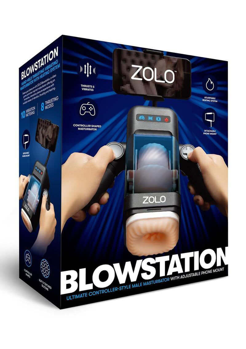 ZOLO Blowstation Masturbator Black packaging showcasing adjustable phone mount and features.