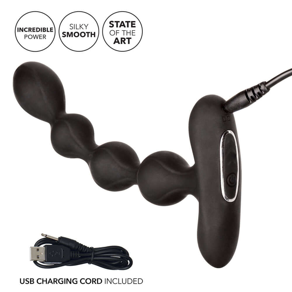 Eclipse Slender Anal Beads Vibrator with sleek silicone design and USB charging cord included.