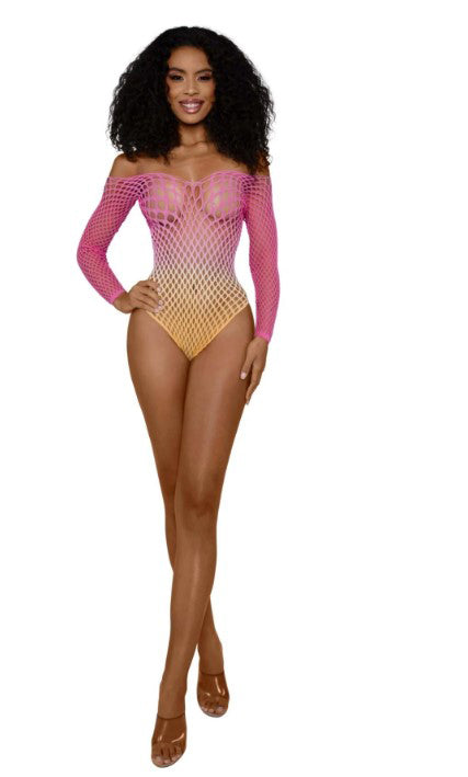 Model wearing Dreamgirl Ombre Net Bodystocking OS Tropical Peach in vibrant ombre colors and bold net pattern.