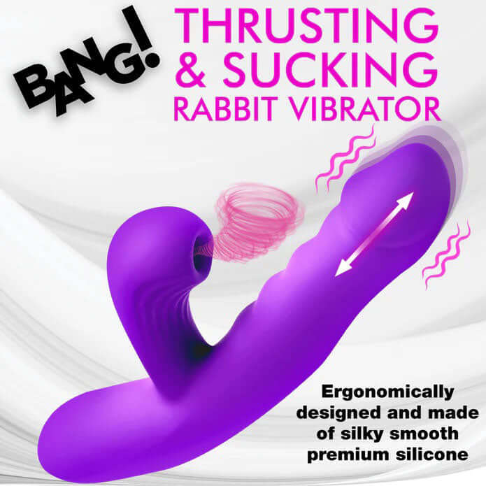 Bang Thrusting and Sucking Rabbit Vibrator Purple showcasing ergonomic design and silky smooth silicone.