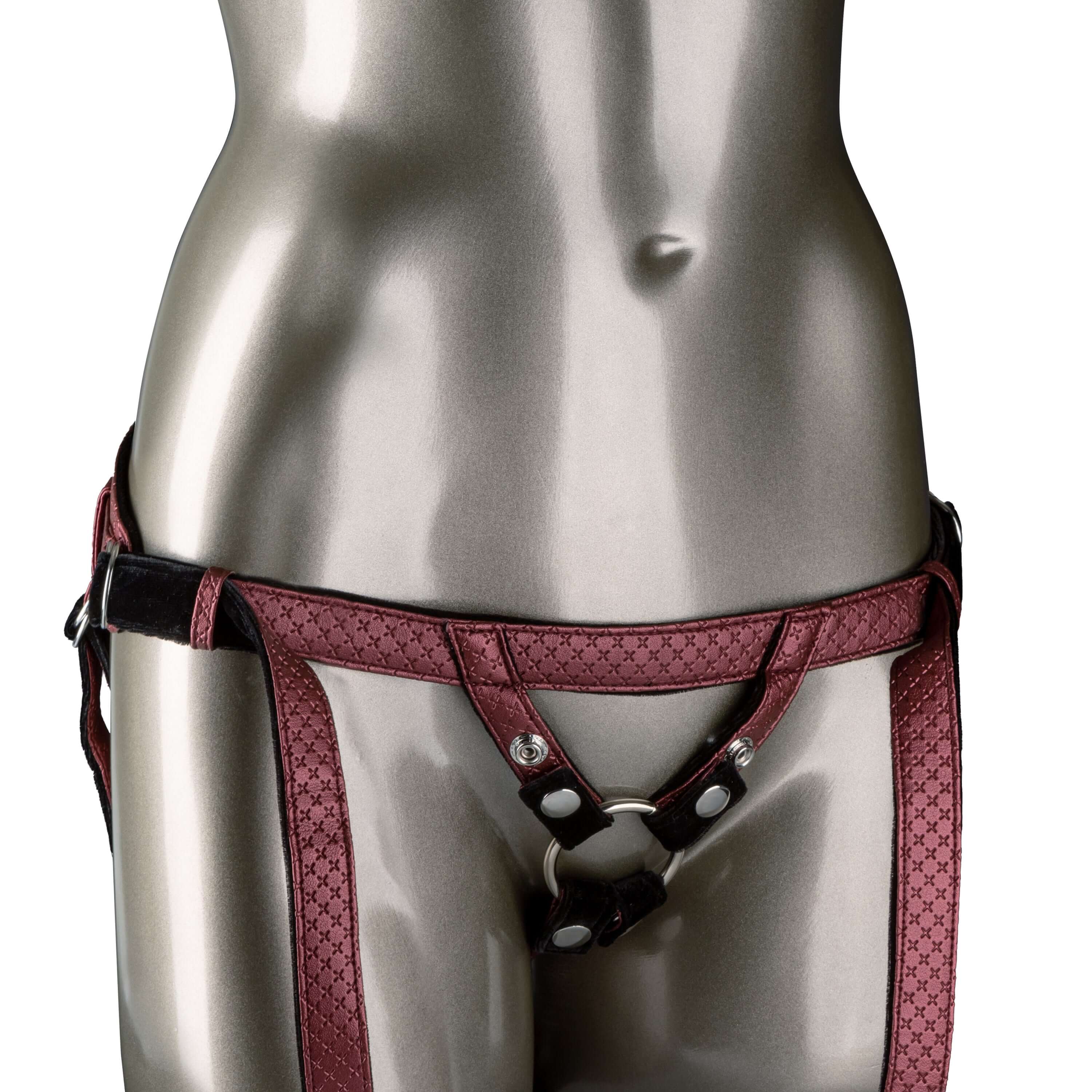 Her Royal Harness the Regal Duchess Red is shown on a mannequin, showcasing its premium design and bold style.