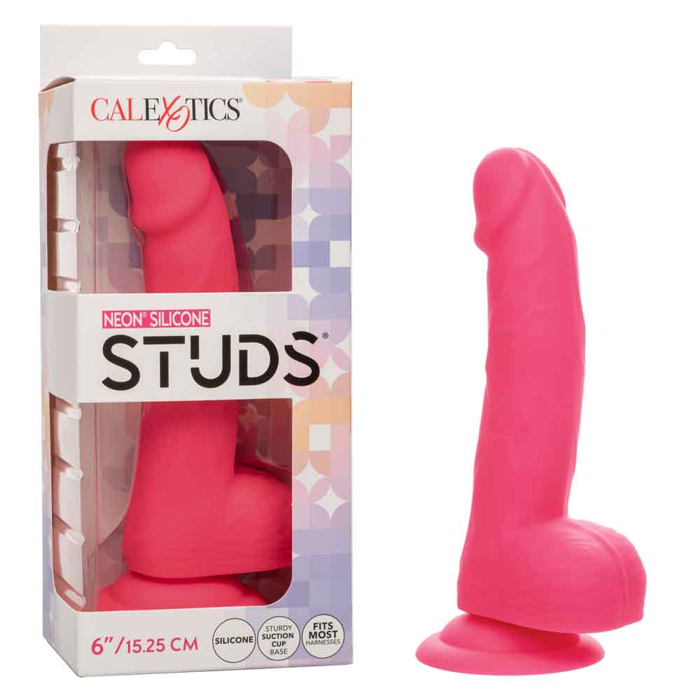 Neon Pink Silicone Studs 6 Inch Dildo in packaging and product view