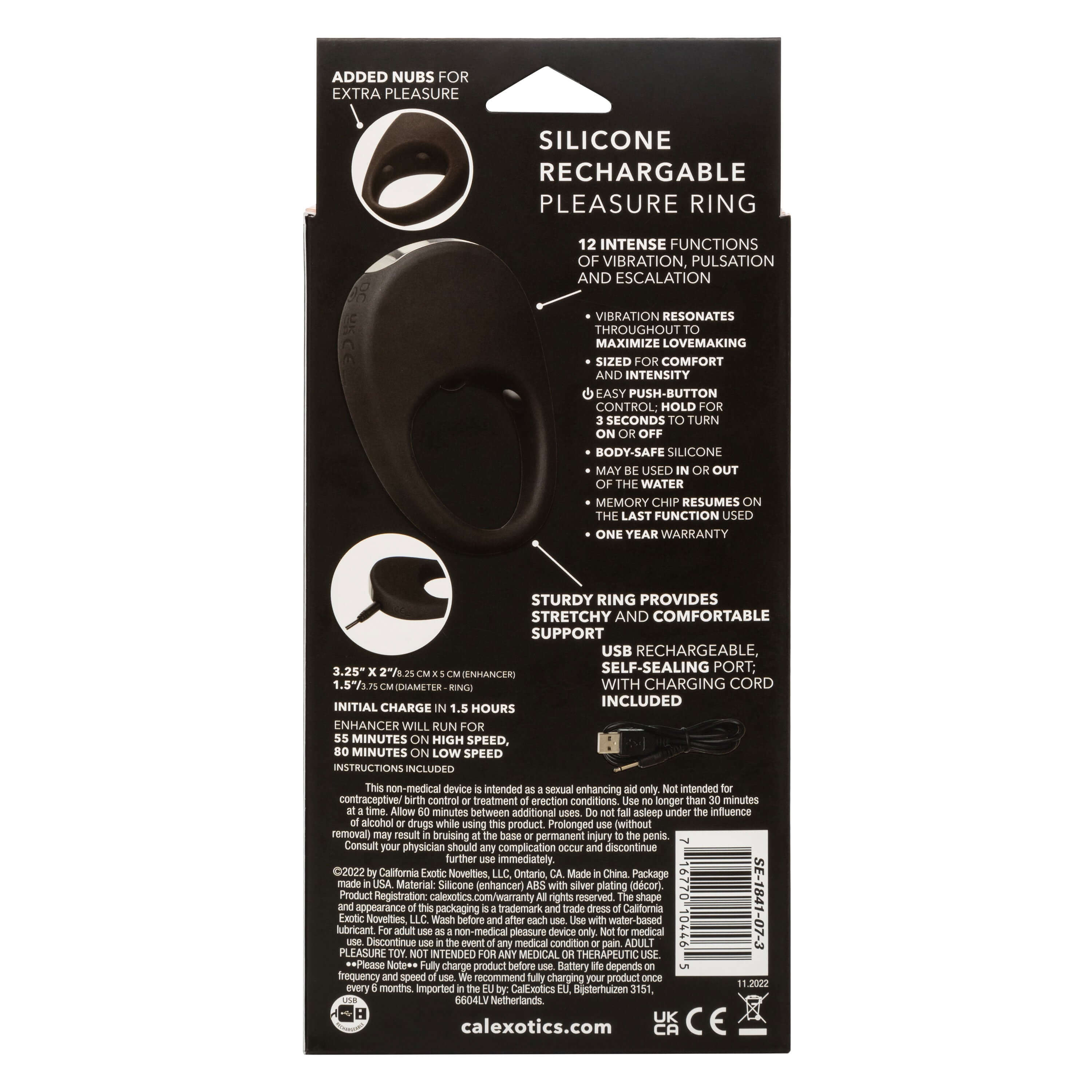 Back packaging of Silicone Rechargeable Pleasure Ring Black highlighting features and specifications.