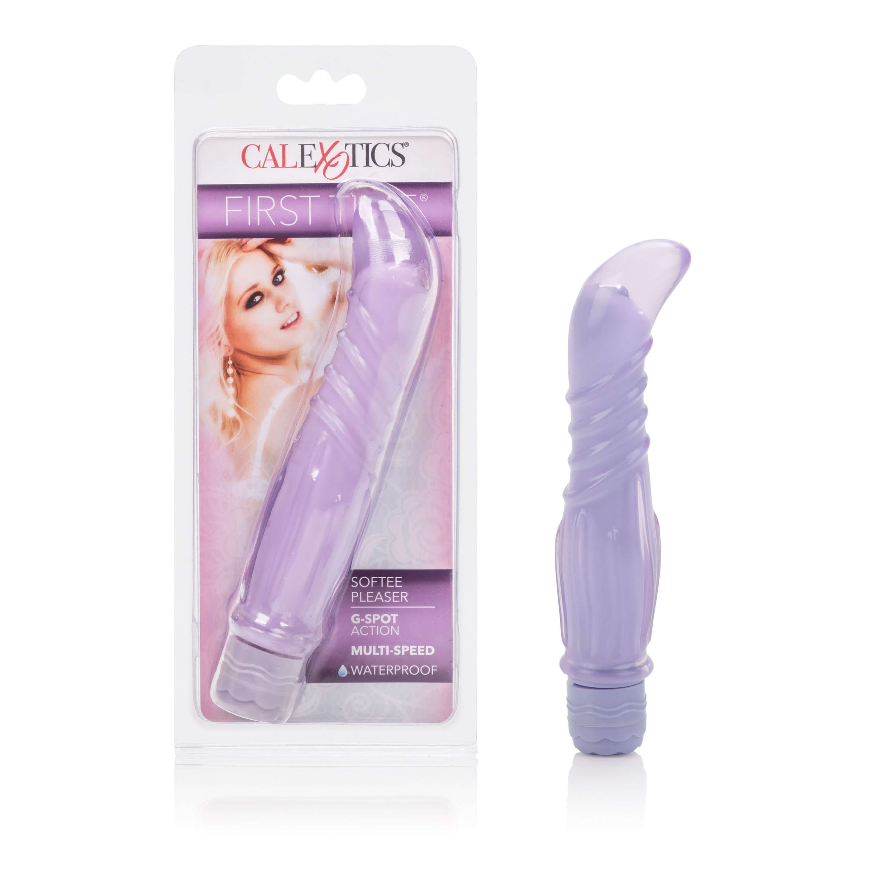 First Time Softee Pleaser Purple vibrator packaging featuring G-spot stimulation design.
