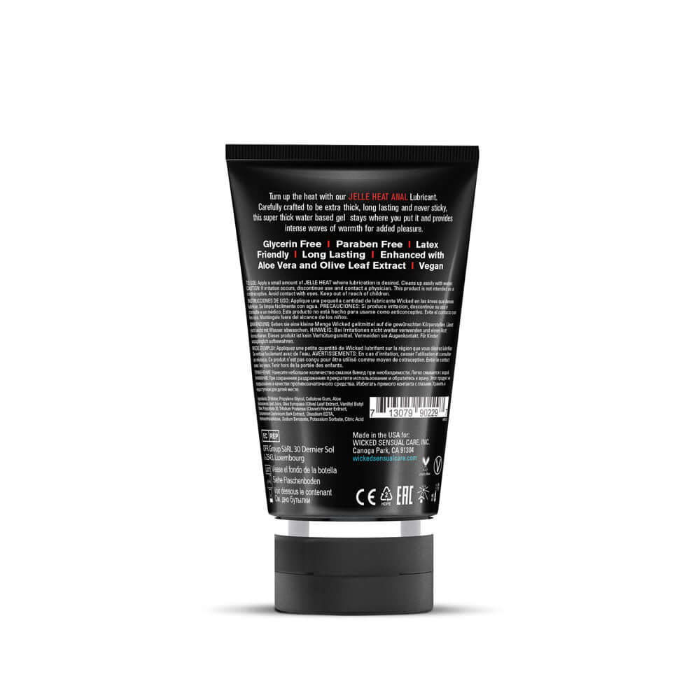 Wicked Jelle Heat Warming Anal Gel Lubricant 4 Oz product information and back label showing ingredients and benefits.