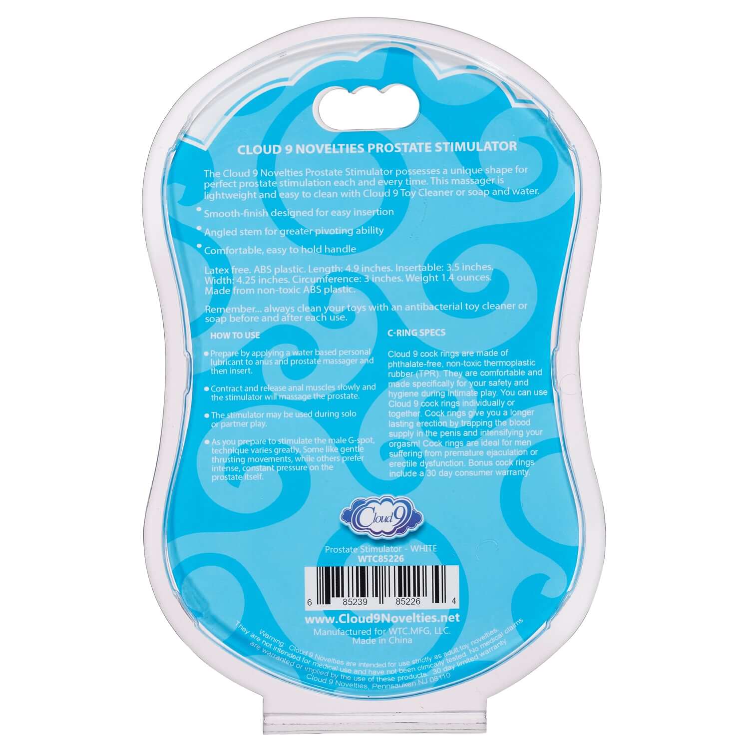 Back packaging of Cloud 9 Novelties Prostate Stimulator featuring product description and cleaning instructions.