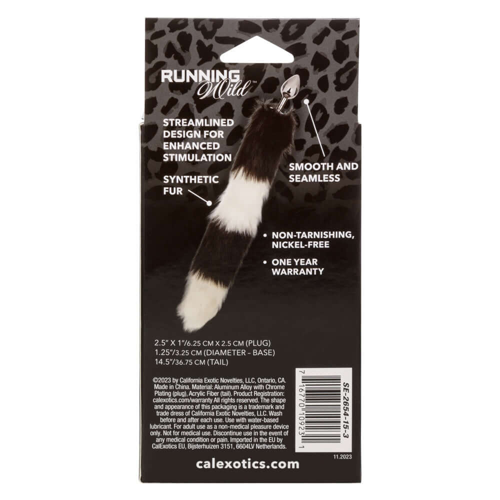 Running Wild Tail Butt Plug Black White packaging back view, showcasing sleek design and synthetic fur details.