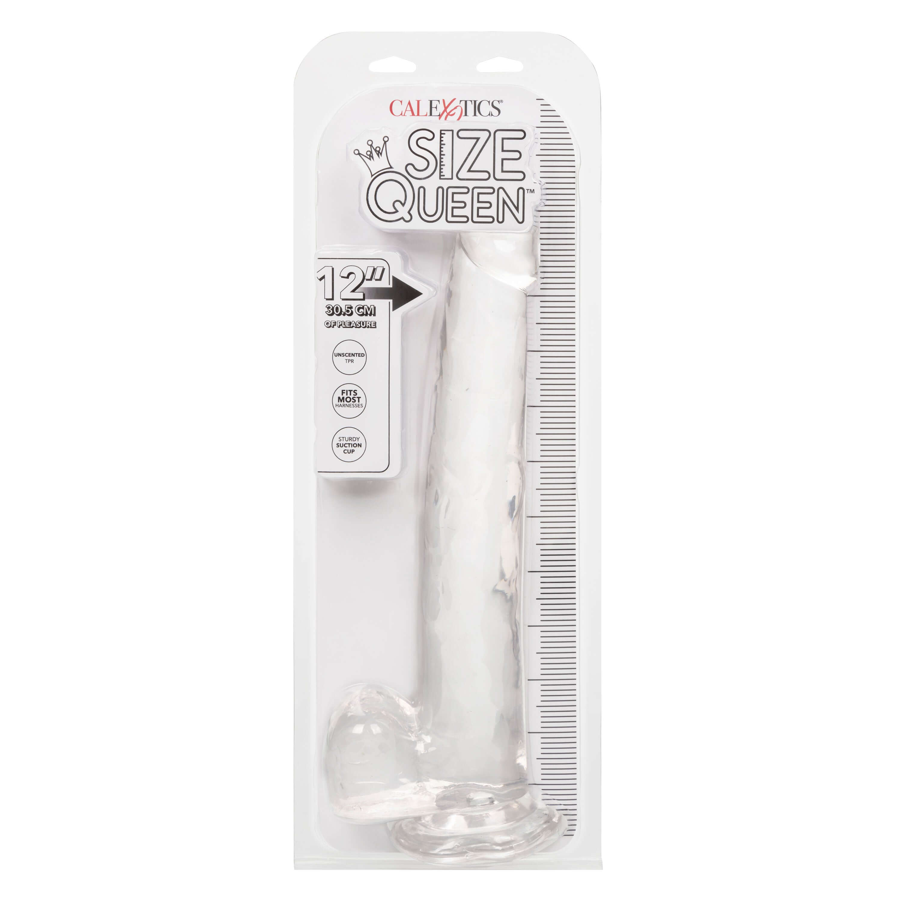 Size Queen 12 inch Large Dildo Clear in packaging with measurement markings for size reference.