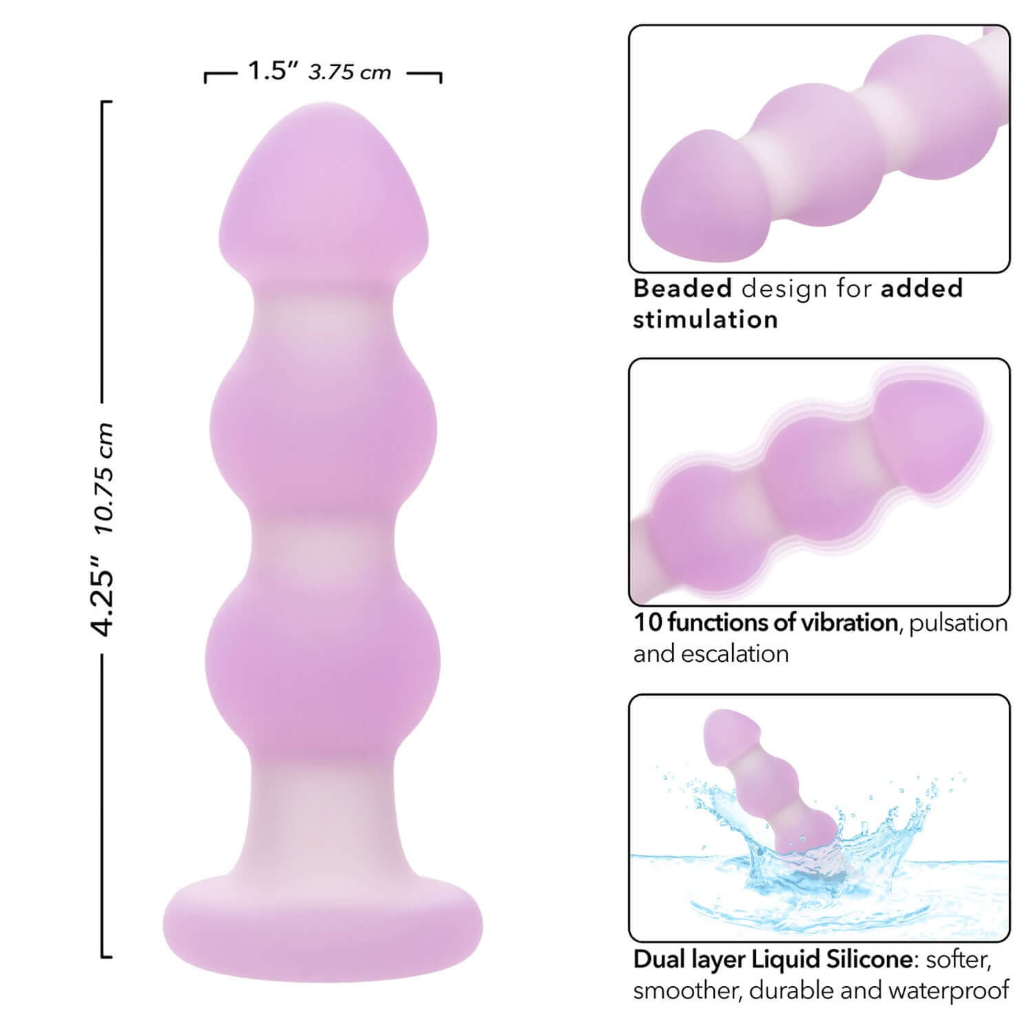 Lavender Haze Beaded Anal Probe with Beaded Design, Multiple Vibration Functions, and Dual Layer Liquid Silicone for Enhanced Pleasure
