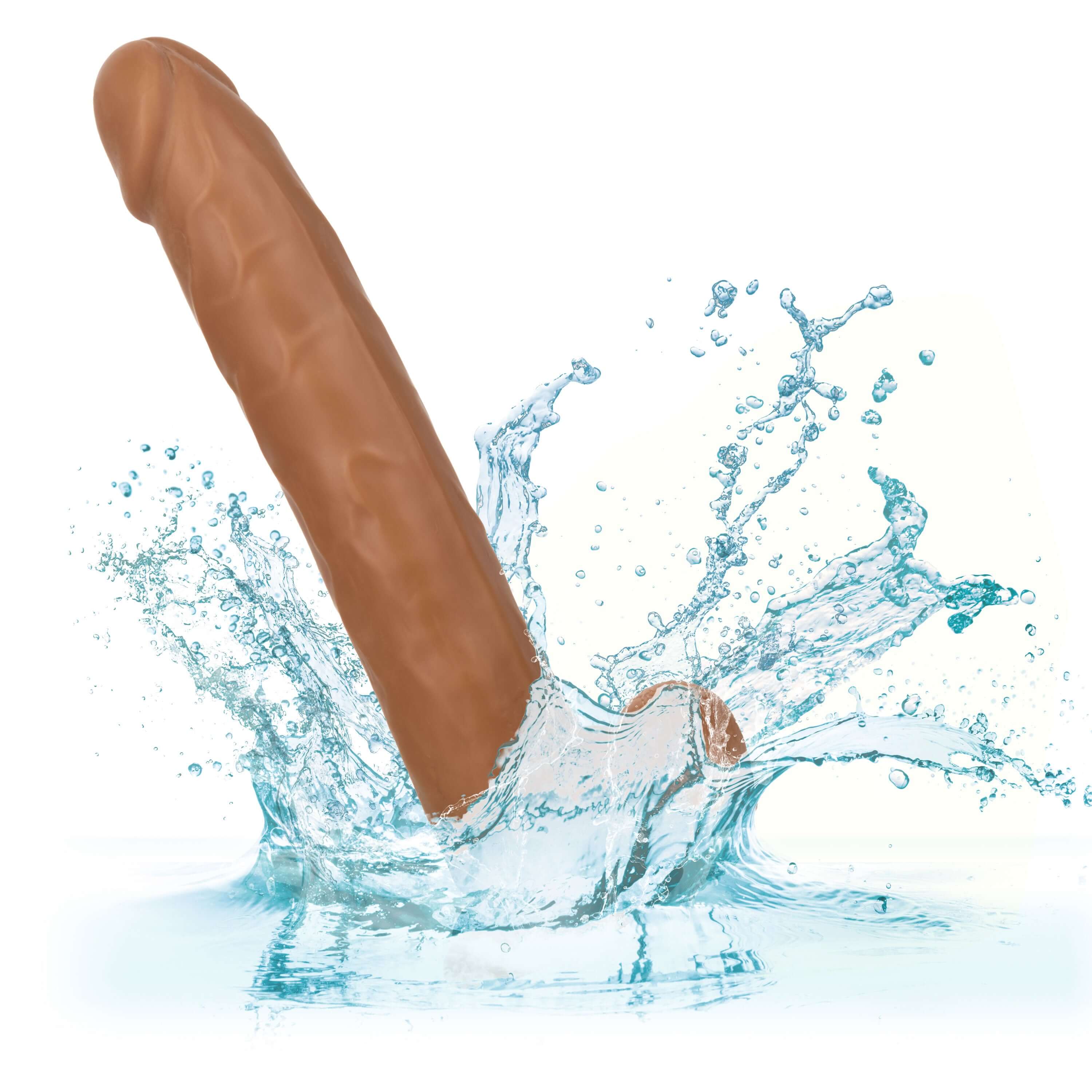 Size Queen Dildo 8 inches Brown splashing in water, showcasing its lifelike detail and premium design.