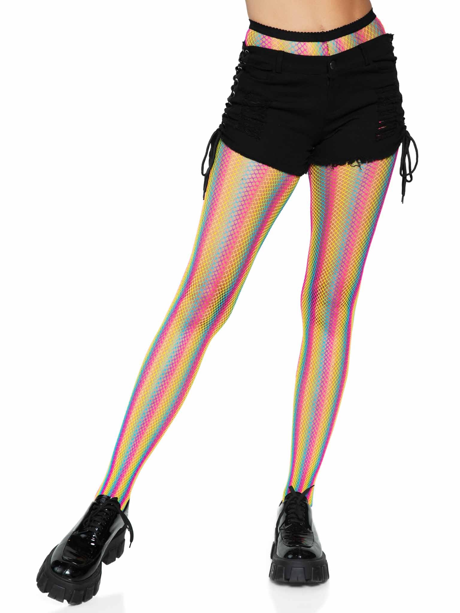 Neon Rainbow Striped Fishnet Tights - One Size -  Multicolor-1