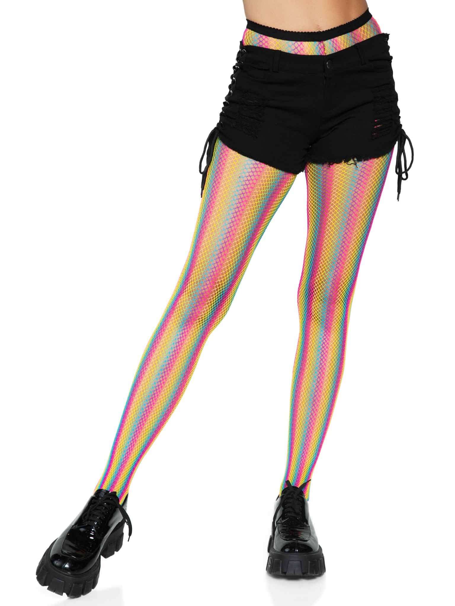 Neon Rainbow Striped Fishnet Tights by Leg Avenue – Multicolor hosiery for rave outfits, Halloween costumes, and sexy lingerie.