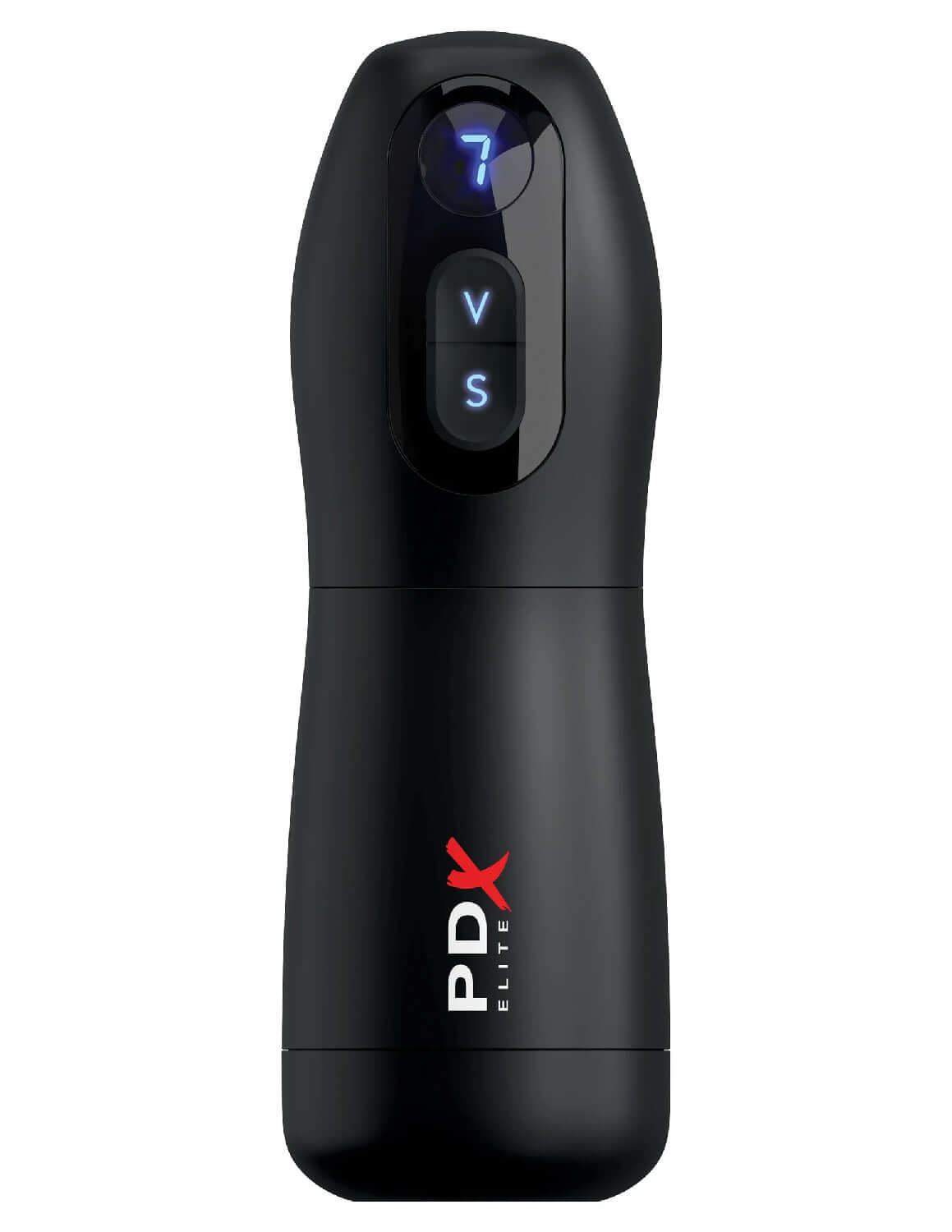 PDX Elite SUCK-O-MATIC black masturbation stroker with digital display and control buttons for suction and vibration