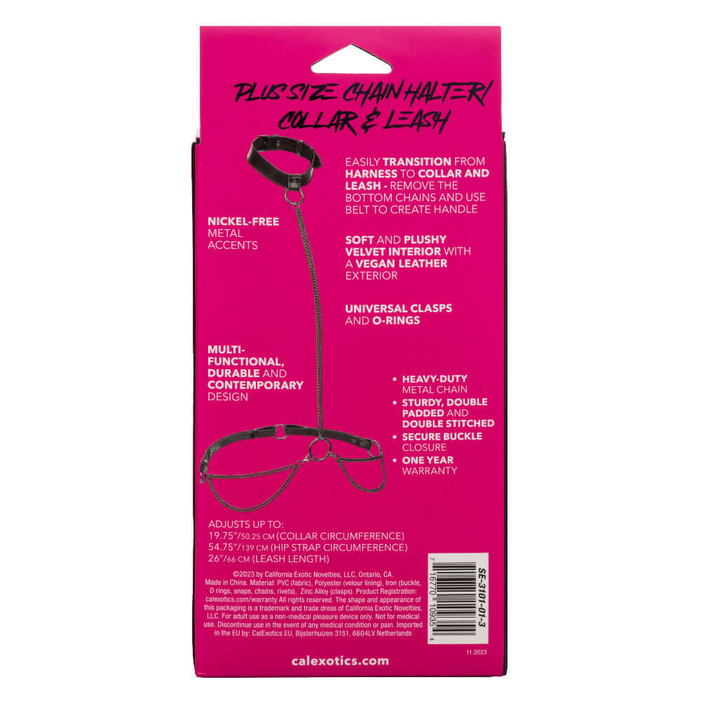 Euphoria Collection Plus Size Chain Halter/Collar and Leash packaging with product details on pink background