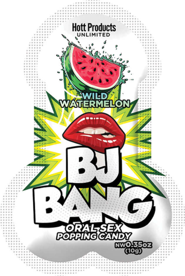 BJ Bang Oral Sex Popping Candy Watermelon packaging with vibrant watermelon graphics and bold text.