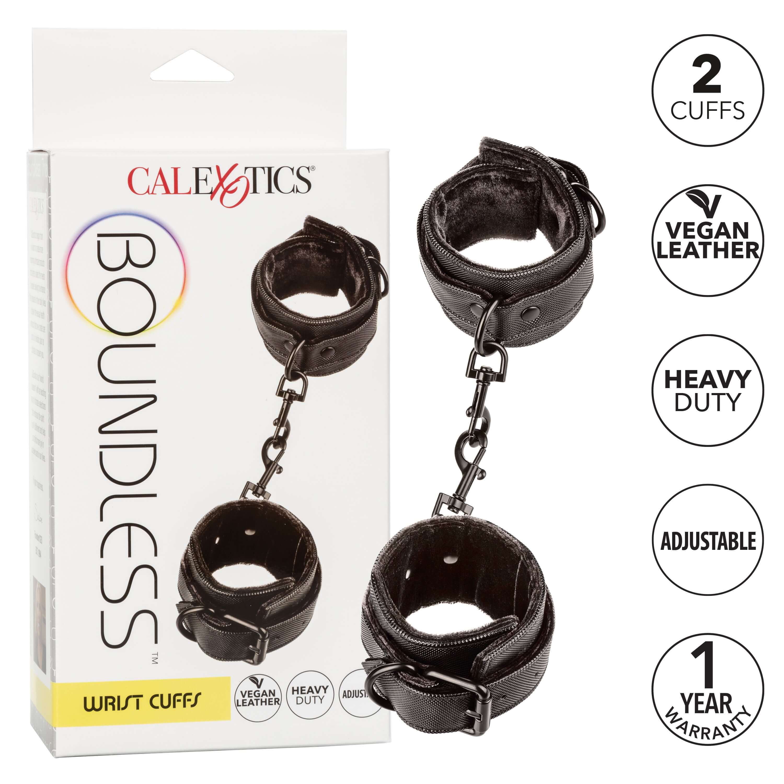Boundless Wrist Cuffs Adjustable Black packaging showing two cuffs made of vegan leather with heavy-duty metal chain.