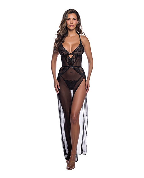 Sheer Desire Lace Mesh Gown with High Side Slit Black L/XL showcased on model, featuring scalloped eyelash lace and a plunge neckline.