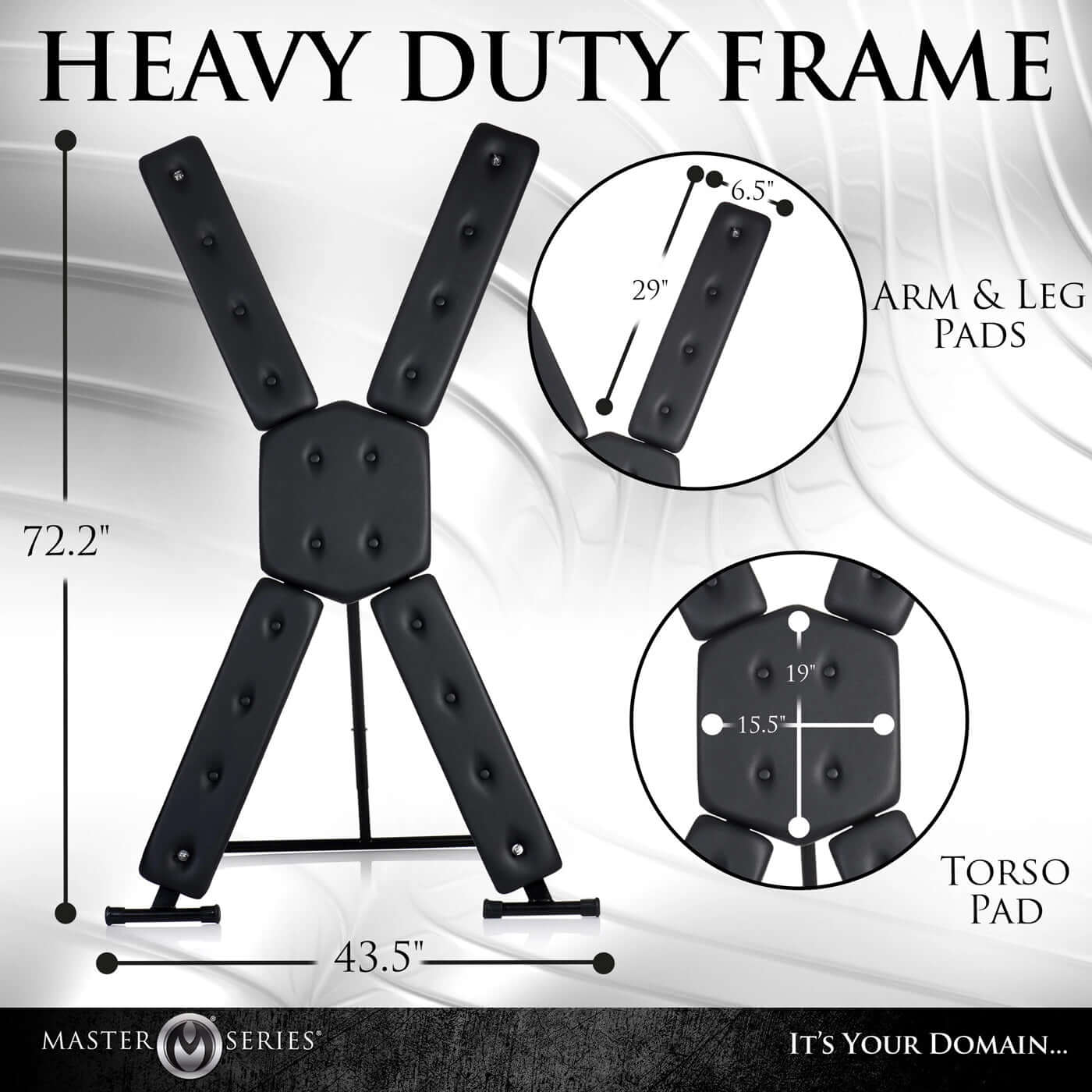 St. Andrew's Cross with heavy-duty frame, padded arm, leg, and torso pads, showcasing dimensions and durable construction for dungeon play