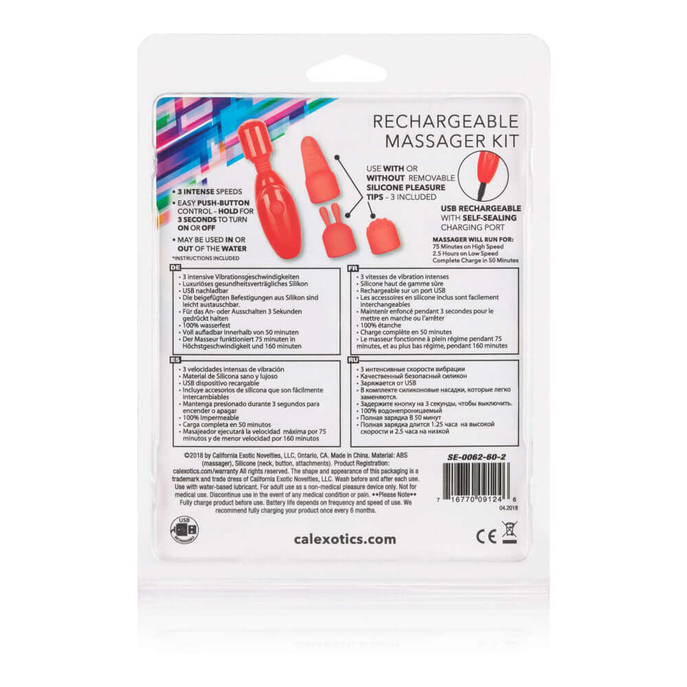 Rechargeable Massager Kit Red packaging showcasing tips and features for versatile, powerful stimulation in a compact design.