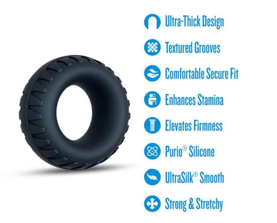 Performance Plus Traction Silicone Cock Ring Black features ultra-thick design and textured grooves for comfort and enhanced performance.