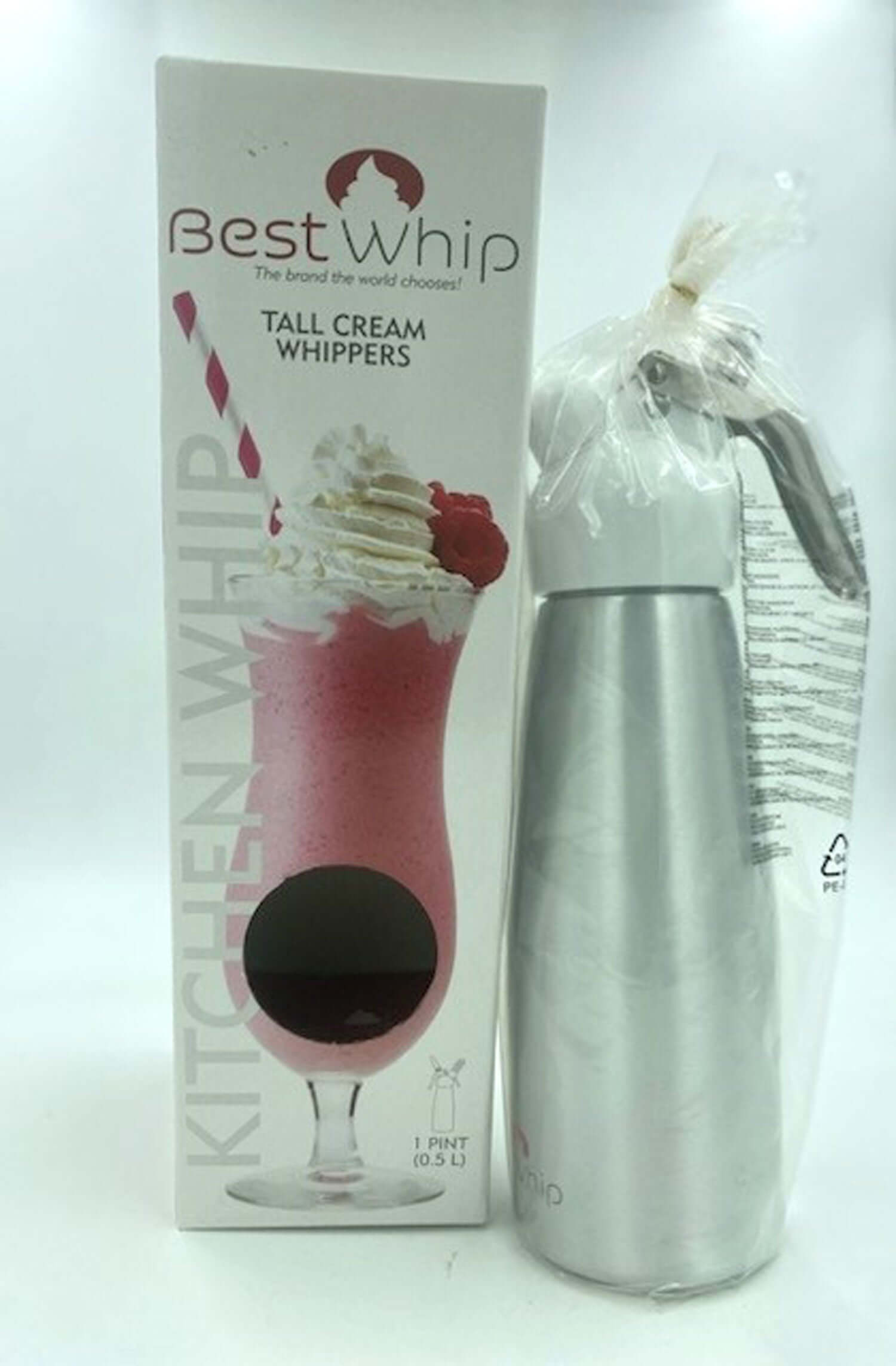 Tall cream whipper 1 pint in silver, perfect for making whipped cream, desserts, and cold foams quickly.