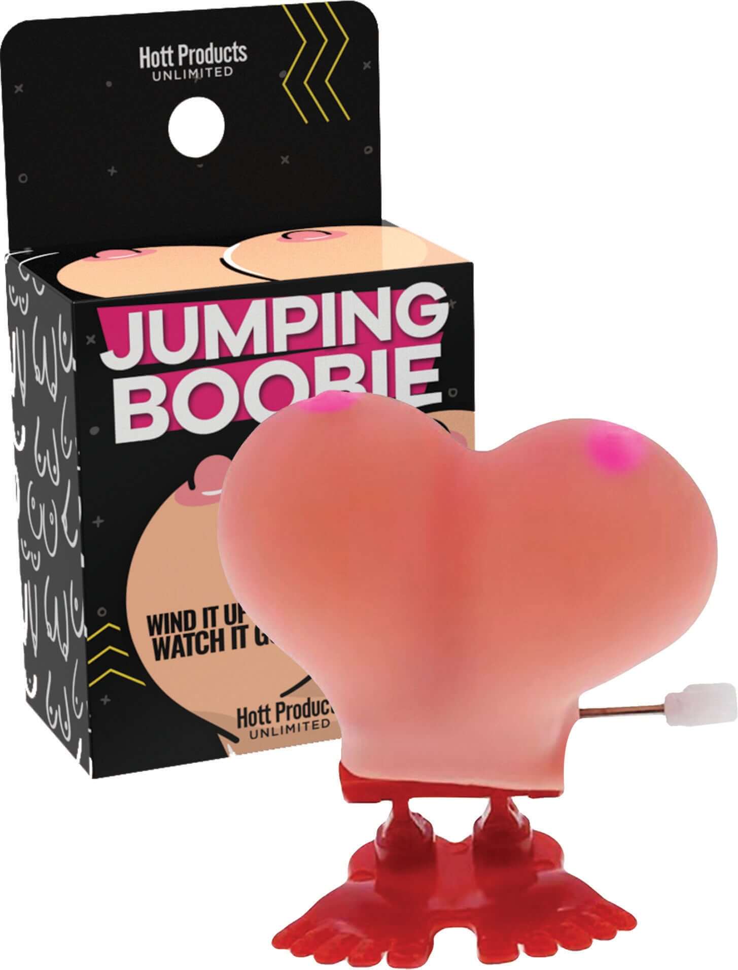 Jumping Boobie Party Toy in packaging, a fun wind-up gag toy for parties and playful gatherings.