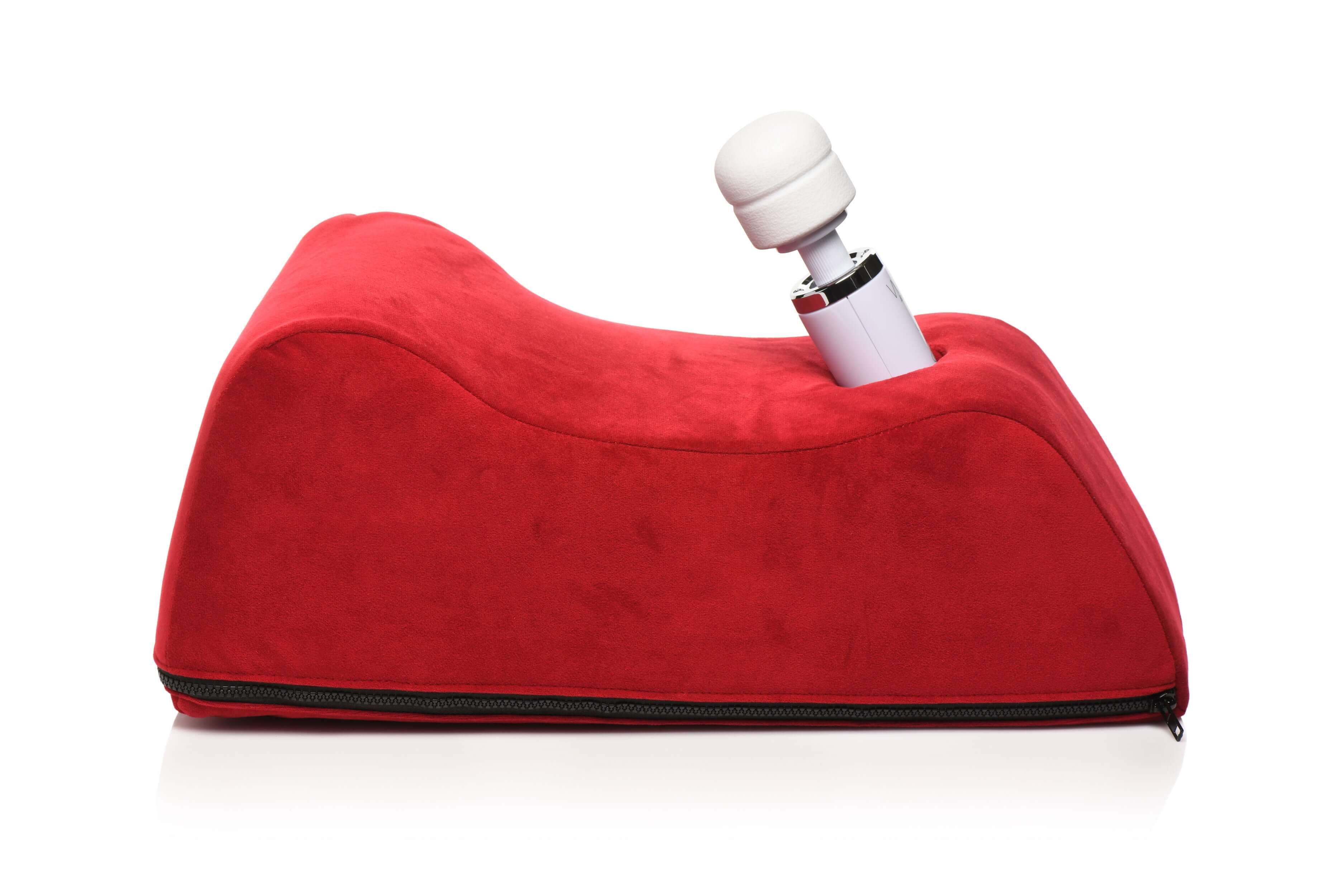 Red Delux Wand Saddle with high-density foam and ergonomic design featuring an open-ended pocket fitting a wand vibrator for hands-free stimulation.