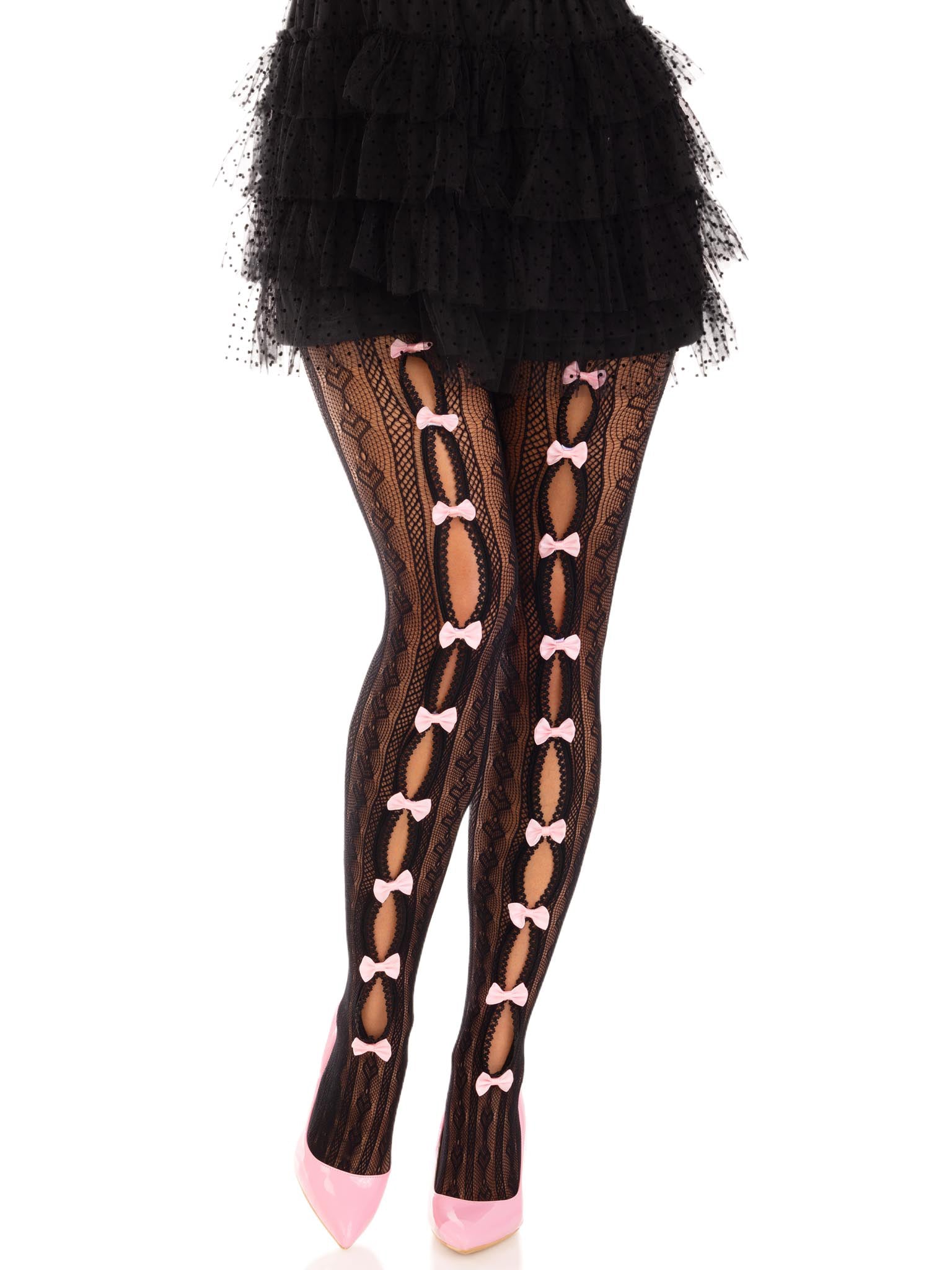 Sweetheart Striped Net Tights With Keyhole and  Mini Bow Detail - One Size - Black-0