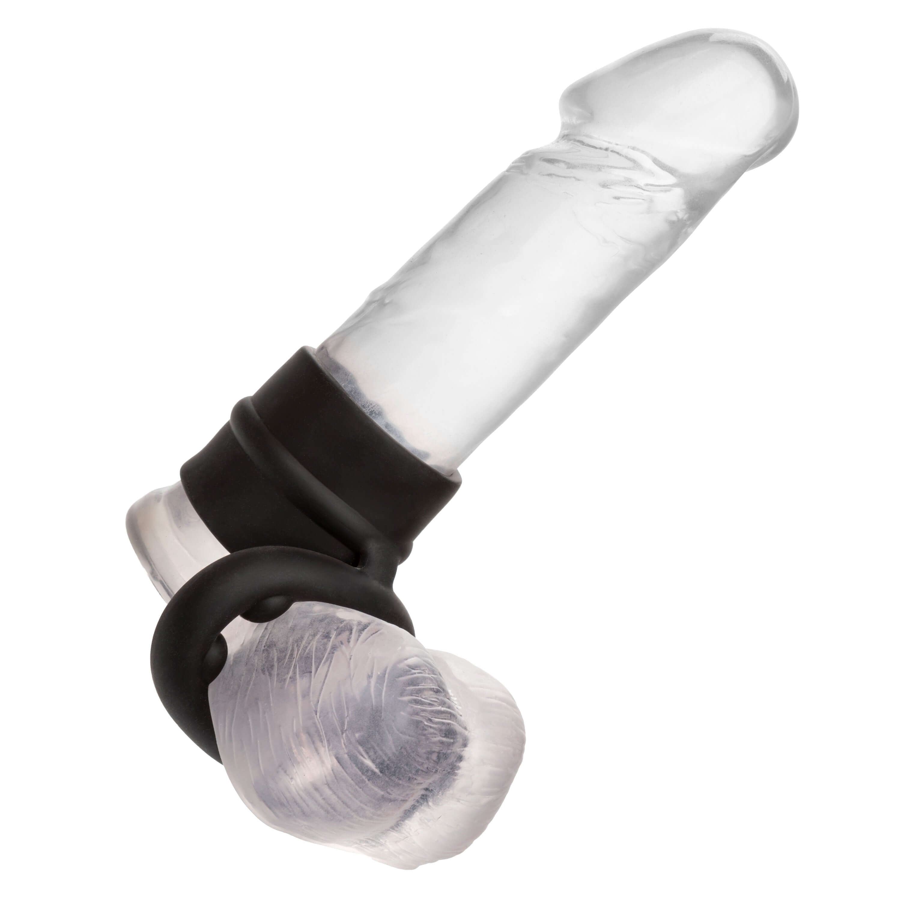 Alpha Liquid Silicone Dual Support Magnum Ring Black on a transparent phallic object, enhancing comfort and support.