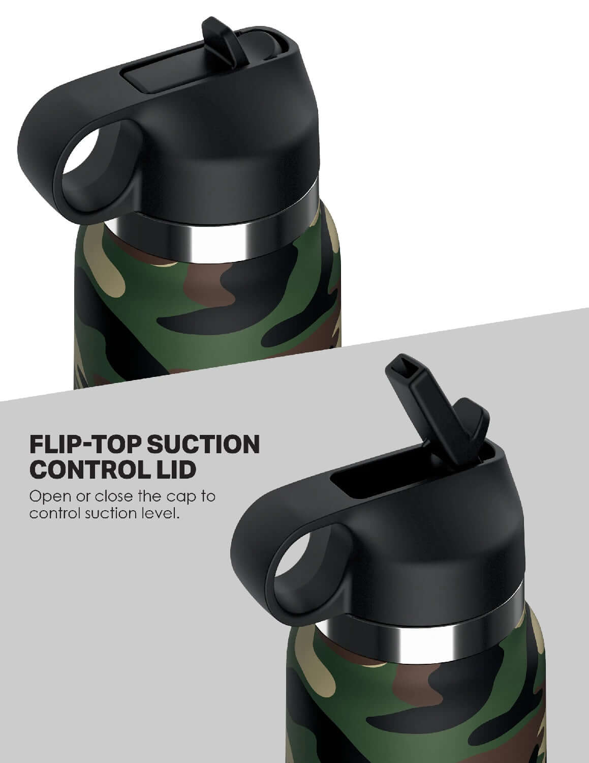 Camouflage Fap Flask Happy Camper with flip-top suction control lid for discreet use in the outdoors