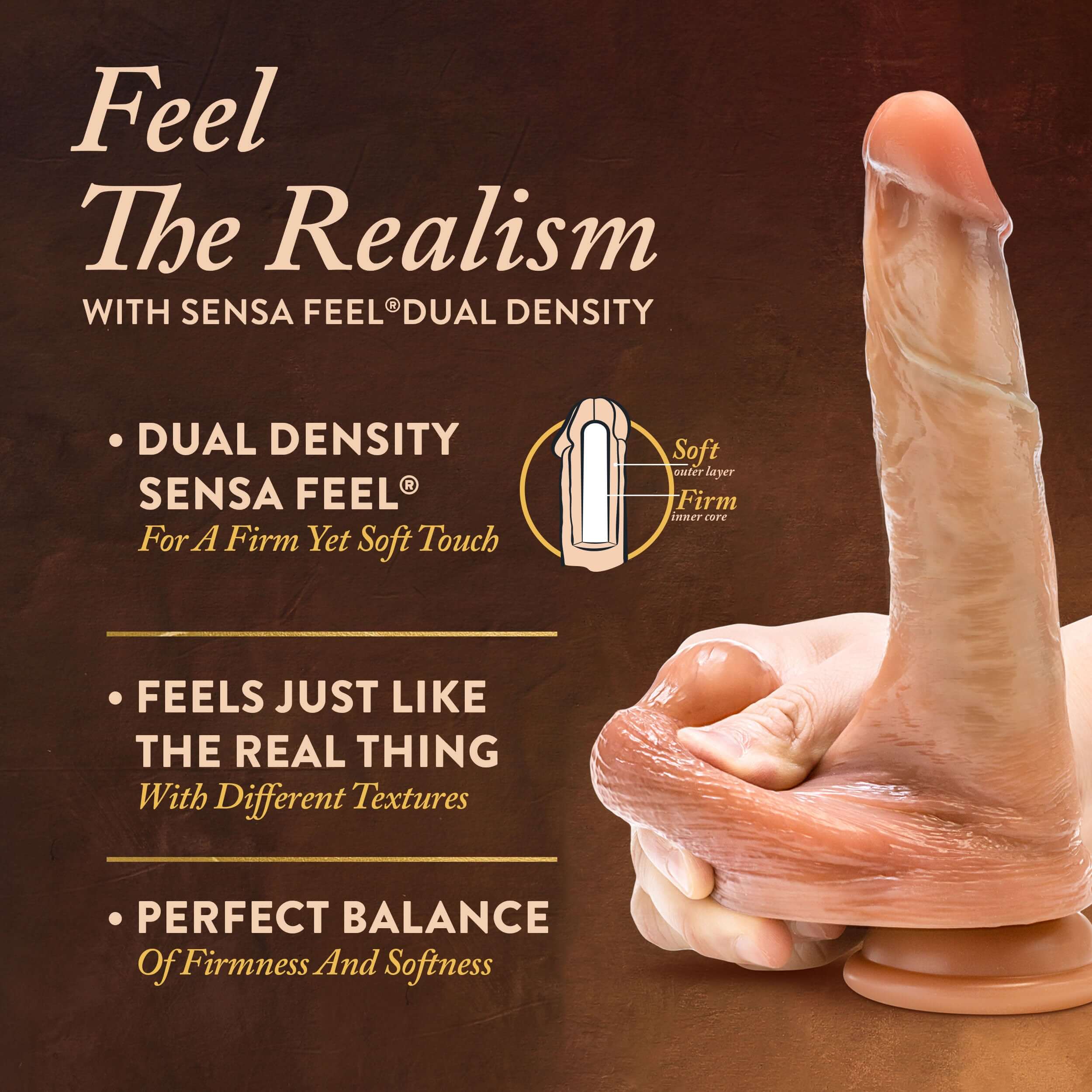 Dual density realistic 8" sliding foreskin dildo with squeezable balls in tan color displaying Sensa Feel technology benefits